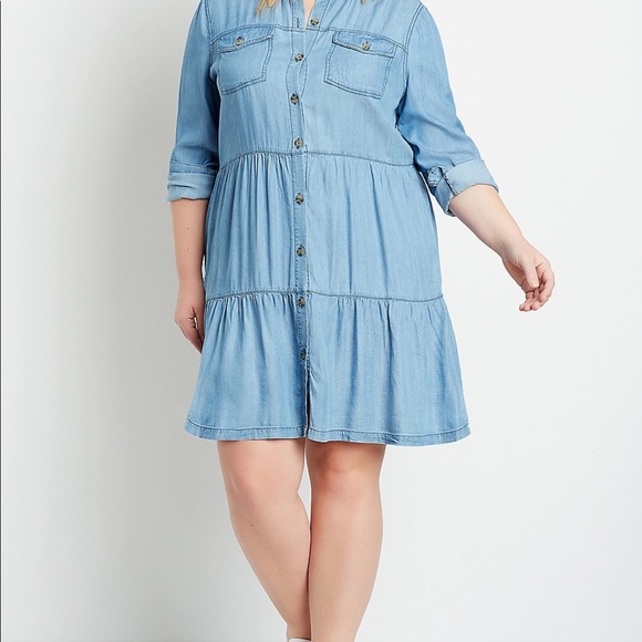 Plus Sz 0x Chambray Button Up Babydoll Dress - Picture 6 of 12